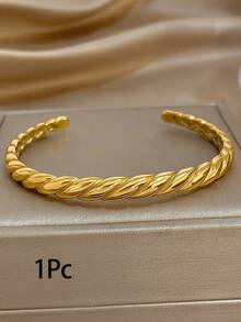 1Pc/Set Classic Gold Plated Textured Braided Open Stainless Steel Bangle Bracelet Set,For Women,Daily/Boho/Party/Wedding,Mom Gifts,Valentine Birthday - Multicolor - View 11