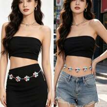 Y2K Sweet Bohemian Style Red Blue Transparent Three-Color Rhinestone Inlaid Four-Petal Lotus Waist Chain, Vintage Distressed Texture Antique Silver - Multicolor - View 2