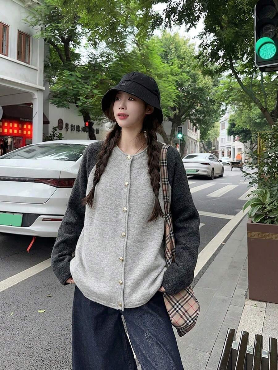 女式宽松前开色块长袖针织毛衣,简约设计,适合秋冬季 - 灰色 - 查看 1