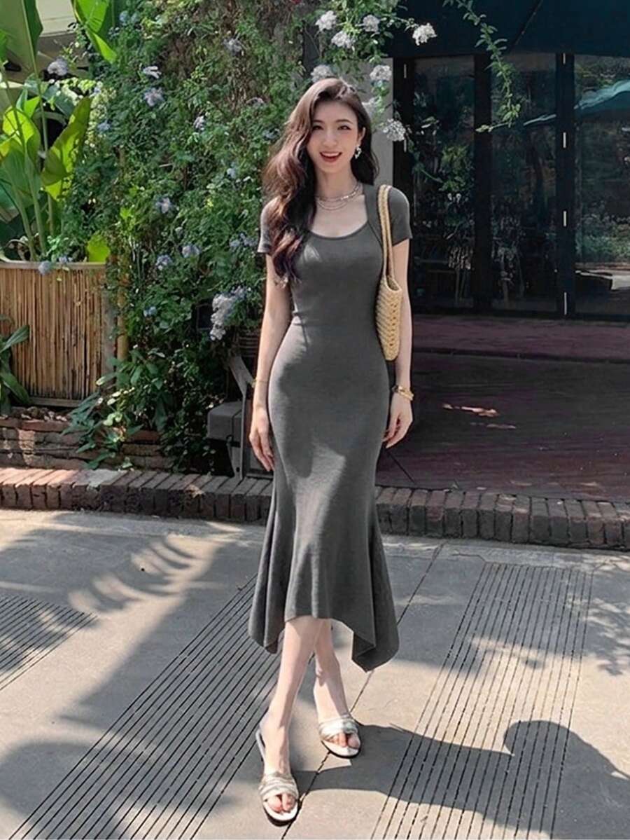 Summer Solid Color Long Fitted Mermaid Hem Short Sleeve Sweater Dress - Dark Grey - View 1