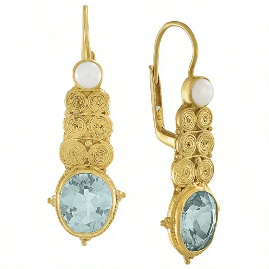 Rustic Synthetic Sky Blue Cubic Zirconia Hypoallergenic Dangle Earrings, Victorian Style Vintage Earrings, Handmade Long Hoop Earrings, Suitable For Women To Wear For Engagement, Wedding Party. - Gold - View 1