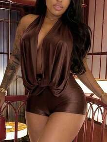 Women's Summer Club Outfits Backless Rompers Rave Date Night Twist Knot Halter Shorts Party Jumpsuits - Dark Brown - View 4