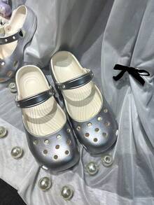 1雙女款銀色亮面芭蕾舞鞋，封趾鏤空設計，返校畢業季學生涼鞋，鬆弛感鞋款，護理師鞋，瑜伽鞋，舒適通勤鞋，海灘度假涼鞋，休閒百搭透氣涼鞋，校園休閒鞋 - 銀色 - 查看 5