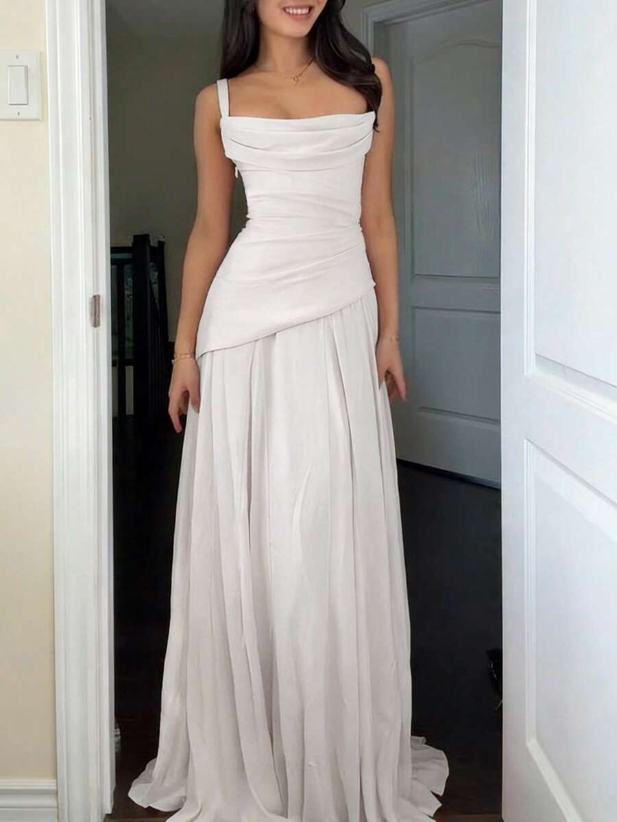 White Bridal Dress, Ruched Strapless Flowy Fabric Wedding Bridesmaid Evening Gown, Graduation Party, June Festival, Birthday Banquet Dress, Chic & Elegant - White - View 1