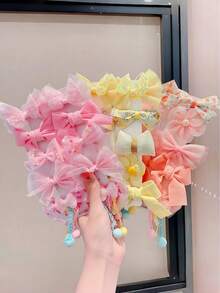 10pcs Pink Tulle Bow Hair Clip Set, Sequin Pom Pom Hair Clips, Sweet Princess Style Daily Hair Accessories For Little Girls - Multicolor - View 4