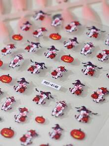 1pc Halloween Cow & Pumpkin Nail Stickers, Self-Adhesive Disposable Embossed Nail Art Decor, Cute Ins Style For Women Manicure & Pedicure, Holiday Dress Up - Multicolor - View 5