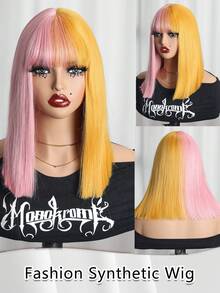 Elegant Champagne Blonde/Yellow And Blue Color Straight Bob Wig With Bangs For Women Synthetic Heat Resistant Fiber Wig Rose Net Cap,Versatile Synthetic Hair - Ideal For Daily Use, Parties, Cosplay & Events, 14 Inch Available In Three Color - Multicolor - View 2