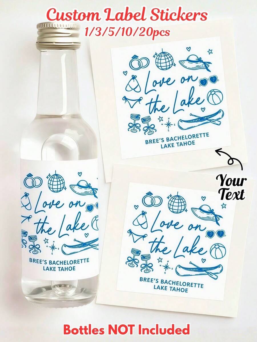 1/3/5/10/20pcs Custom Personalized Bottle Label Stickers, Customizable Text Lake Bachelorette Blue Line Drawing Custom Labels, Bridal Shower, Wedding, Engagement, Cocktail Bottle Decor, Favor Gift Packaging, Ideal Gift For Men Women Family Friends - Multicolor - View 1