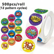 500pcs/Roll 1 Inch Colorful Amazing Stickers, 12 Patterns Wow Stickers, Cartoon Stationery Pencil Backpack Skateboard Decoration Stickers, Teacher Training Cartoon Graffiti Label Stickers, Cake Baking Envelope Gift Box Seal Stickers For Crafts, Scrapbooking, Envelope Decoration And Sealing - Cartoon - View 1