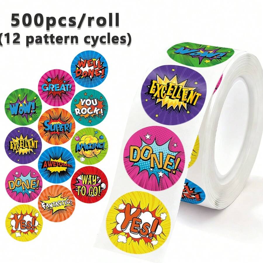 500pcs/Roll 1 Inch Colorful Amazing Stickers, 12 Patterns Wow Stickers, Cartoon Stationery Pencil Backpack Skateboard Decoration Stickers, Teacher Training Cartoon Graffiti Label Stickers, Cake Baking Envelope Gift Box Seal Stickers For Crafts, Scrapbooking, Envelope Decoration And Sealing - Cartoon - View 1