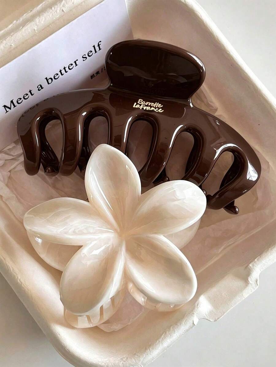 2pcs/1pc Women 8.2cm/3.23in White Flower Shape Brown Chocolate Color Bone Shape Exquisite Lightweight Plastic Hair Claw Clip, Fashionable Versatile High-End Elegant Minimalist Style Solid Color Hair Accessory, Suitable For Daily Wear, Outing, Casual, Party, Commute, Beach, Vacation, Hair Styling, Ponytail, Bun, Face Washing, Bathing, Makeup, Outfit Matching, Hair Accessories, Headwear, Hair Clips, Beach Vacation Hair Clips - Multicolor - View 1