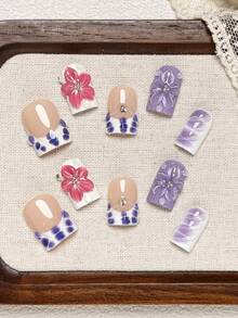 10pcs Handmade Short Square Press On Nails, Nude Purple Color With Bubble French Edge, Two-Tone Gradient, 3D Red & Purple Floral, Wavy Textured Gel-X Nails, And Tiny Silver Rhinestone Pattern Nail Tips. Suitable For Party, Great Gift For Women - Multicolor - View 3