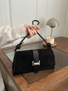 時尚純色不對稱翻蓋復古極簡優雅腋下單肩包 - 黑色 - 查看 6