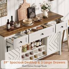 Beaully Rustic Farmhouse Buffet Sideboard, 59" Wide Storage Cabinet With Sliding Barn Doors, Built-In 3 Drawers, Detachable Wine Rack And Customizable Adjustable Shelves - Retro White and Wood Color - View 3