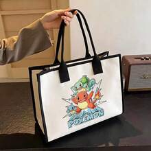 Miniso Pink Trim Off White Pokemon Starters Charmander Squirtle Bulbasaur Printed Canvas Tote Bag Women Anime Casual Shopping Handbag - Black - View 6