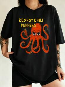 تي شيرت جرافيك لمحبي الروك بتصميم كرتوني لأخطبوط فلفل حار Red Hot Chili Peppers - الأسود - مشاهدة 1