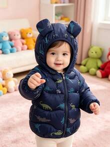 Jaket Musim Dingin Bayi Laki-laki Modis Lengan Panjang dengan Resleting dan Tudung, Motif Kartun - Navy Blue - View 2