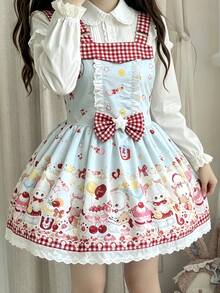 1件裝 Lolita 甜美可愛圍裙洋裝，僅洋裝，Lolita 套裝服飾，秋季 - 淺藍色 - 查看 4