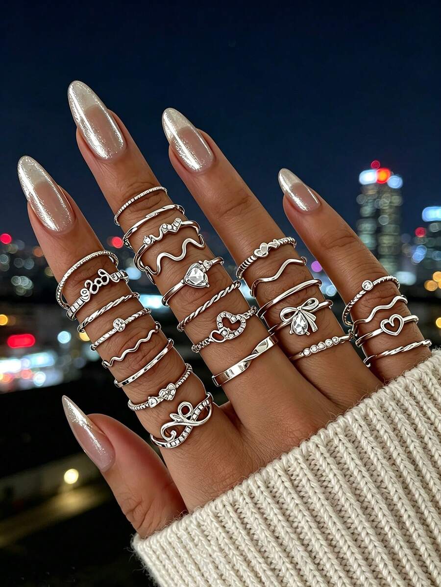 25PCS INS Style Rhinestone Heart Twisted Asymmetrical Thin Ring Set, Heart Rhinestone Braided Wave Rings For Women - Silver - View 1