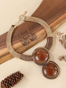 2pcs Handmade Minimalist Elegant Aluminum Wire Round Necklace & Earrings Set For Women, Versatile For Evening Party - Brown - View 3