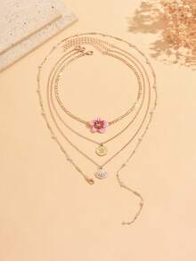 4pcs/Set Gentle Style 4-Layer Necklace Set, Pink Flower Shell Starfish Combination Women's Neck Jewelry, Niche Vacation Style Suitable For Summer Outfits, Daily Wear, Beach And Casual - Multicolor - View 2