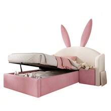 Children's Bed 90x190 Cm Velvet Upholstered Bed, Bunny Ear Headboard With Storage Space & Bedside Table, Designer Youth Bed - 米色 - 查看 2
