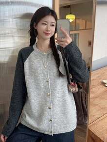 女式宽松前开色块长袖针织毛衣，简约设计，适合秋冬季 - 灰色 - 查看 4