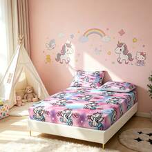 3pcs Princess Style Pink-Blue Gradient Unicorn Pattern Printed Bedding Set (1 Fitted Sheet + 2 Pillowcases, Pillow Inserts Not Included), 90g Soft Polyester Fiber Breathable Mattress Protector, Quick-Dry Water-Resistant Non-Fading, High Elasticity Non-Slip Washable Fitted Sheet Suitable For Apartment Dorm, Home Bedroom Decor - Multicolor - View 2