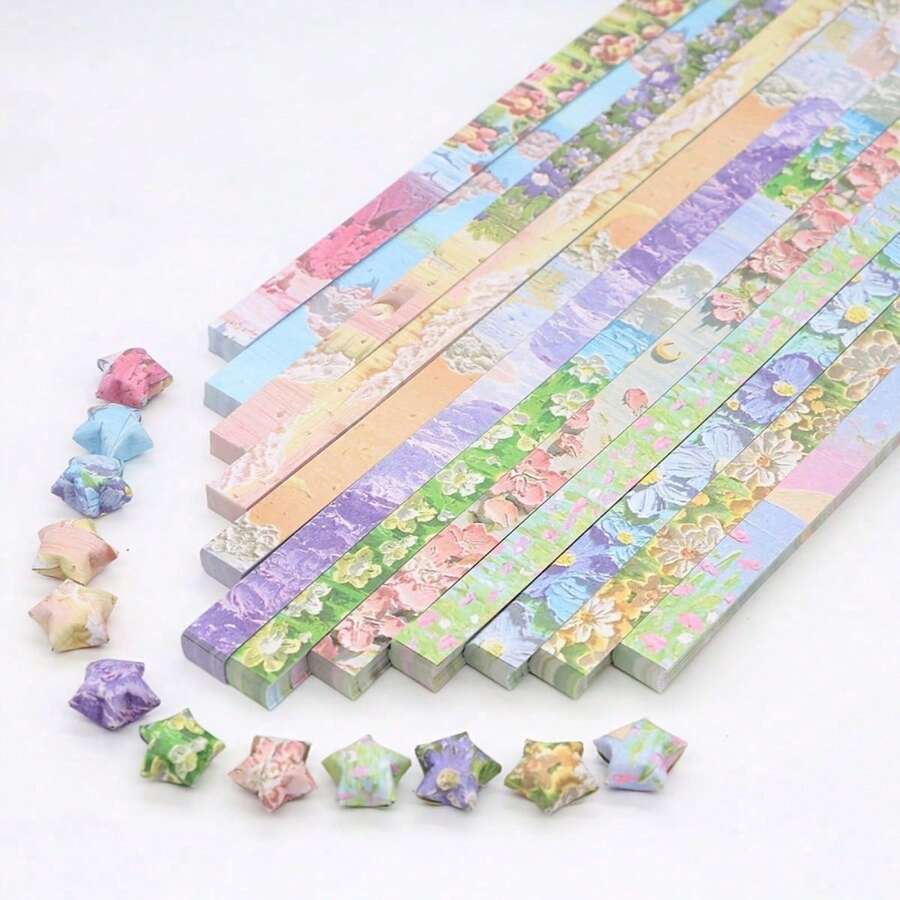 Papel para estrellas de origami, con 12 patrones, diseño único - Patrón de flores de pintura al óleo lindo, impresión a doble cara con diferentes patrones en el frente y el reverso - Multicolor - Ver 1