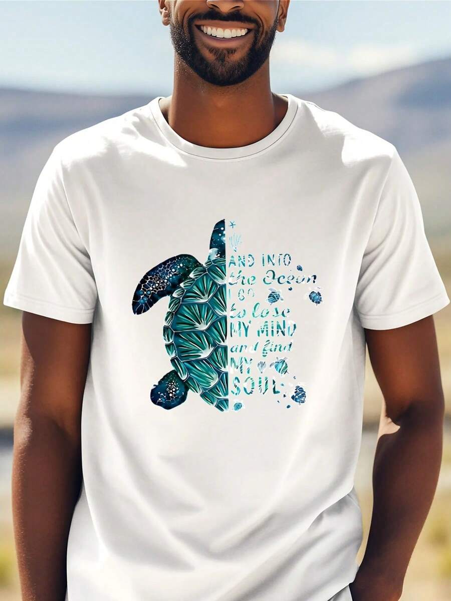 Men's Lightweight Cotton-Mixed T-Shirt - Sea Turtle Ocean Art DesignSummer Round-Neck T-Shirt, Machine Washable, Suitable For Daily And Outdoor Activi - 白色 - 查看 1