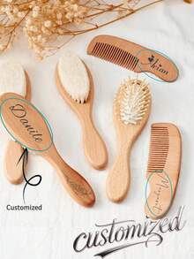 3pcs Customized Text Wooden Baby Hair Brush Gift Set, Personalized Name Baby Brush Comb Bath Gift, Baby Keepsake Gift, Back To School Gift, Multi-Functional - Wood Color - View 7