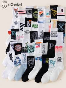 10 Pares de Meias Masculinas Versáteis de Rua Esportivas com Estampa de Grafite até a Panturrilha, Adequadas para Uso Diário (Enviadas Aleatoriamente) - Multicolorido - Visão 4
