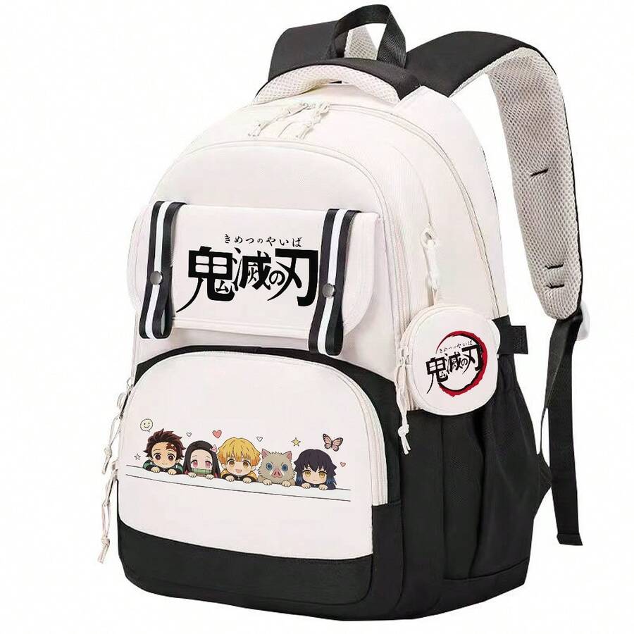 Miniso Korean Two Pieces Demon Slayer Black White Chibi Group Large Daily Backpack With Demon Mark Coin Purse, Perfect For Anime Lovers Daily Commute, Outdoor - Color 1 - View 1
