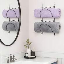 2 Towel Racks - Wall-Mounted Shelf With Hooks - Easy To Install, Space-Saving Design, Suitable For Elegant Bathroom And Kitchen Decor Multifunctional Storage | Smooth Metal Surface | Sturdy Structure, Bathroom Organization And Storage - 6pcs - [2 Shelves + 4 Hooks] - View 2