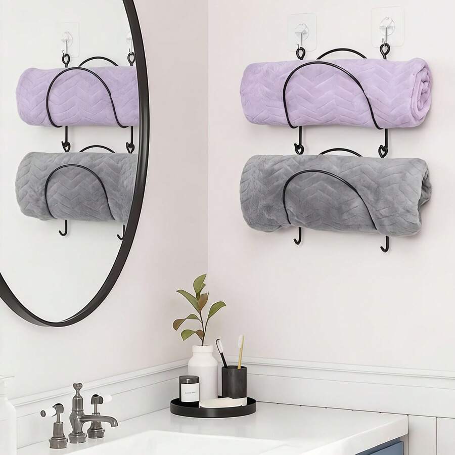 2 Towel Racks - Wall-Mounted Shelf With Hooks - Easy To Install, Space-Saving Design, Suitable For Elegant Bathroom And Kitchen Decor Multifunctional Storage | Smooth Metal Surface | Sturdy Structure, Bathroom Organization And Storage