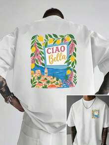 Men's Italian Style Ciao Bella-Shirt - Loose Fit Drop Shoulder Short Sleeve Tee With Front & Back Italian Lettering Print, Summer Hot Item - 白色 - 查看 1