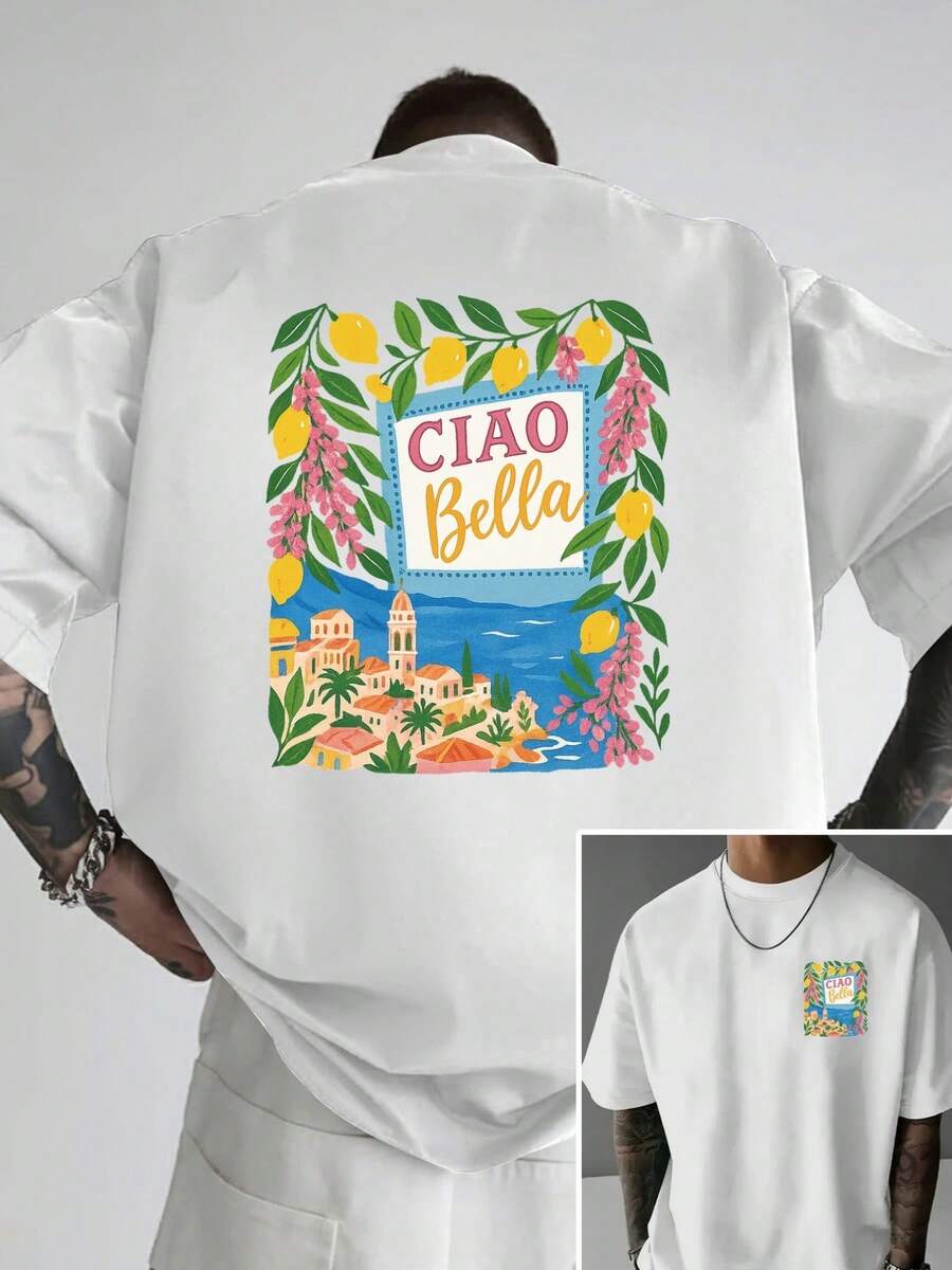Men's Italian Style Ciao Bella-Shirt - Loose Fit Drop Shoulder Short Sleeve Tee With Front & Back Italian Lettering Print, Summer Hot Item - 白色 - 查看 1