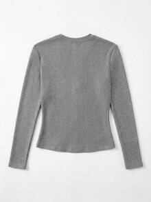 Women's Medium Gray Linen-Like Round Neck Slim Fit Long Sleeve T-Shirt, Minimalist Flattering Versatile Elastic Base Layer Top - Dark Grey - View 5