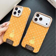 Yellow Background Heart Polka Dot And Duck Pattern Premium Leather Texture Anti-Drop Phone Case Protective Cover, Compatible With Apple 11/12/13/14/15/16/17/Plus/Pro/Promax Series Phone Models, A Great Choice For Holiday Gifts For Friends And Family - Brown - View 4