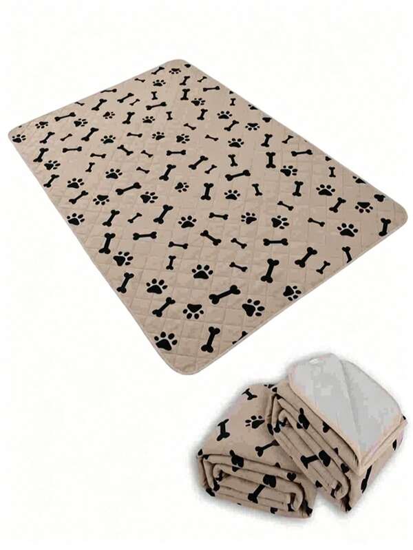 Beige Printed Paw & Bone Pattern High Absorbent Non-Slip Leak-Proof Pet Dog Mat