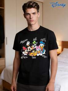 Disney 1pc Men's Short Sleeve T-Shirt, Loose Fit, Mickey Mouse And Minnie Mouse Cartoon Graphic Print, Crew Neck, Slightly Elastic - Black - View 3