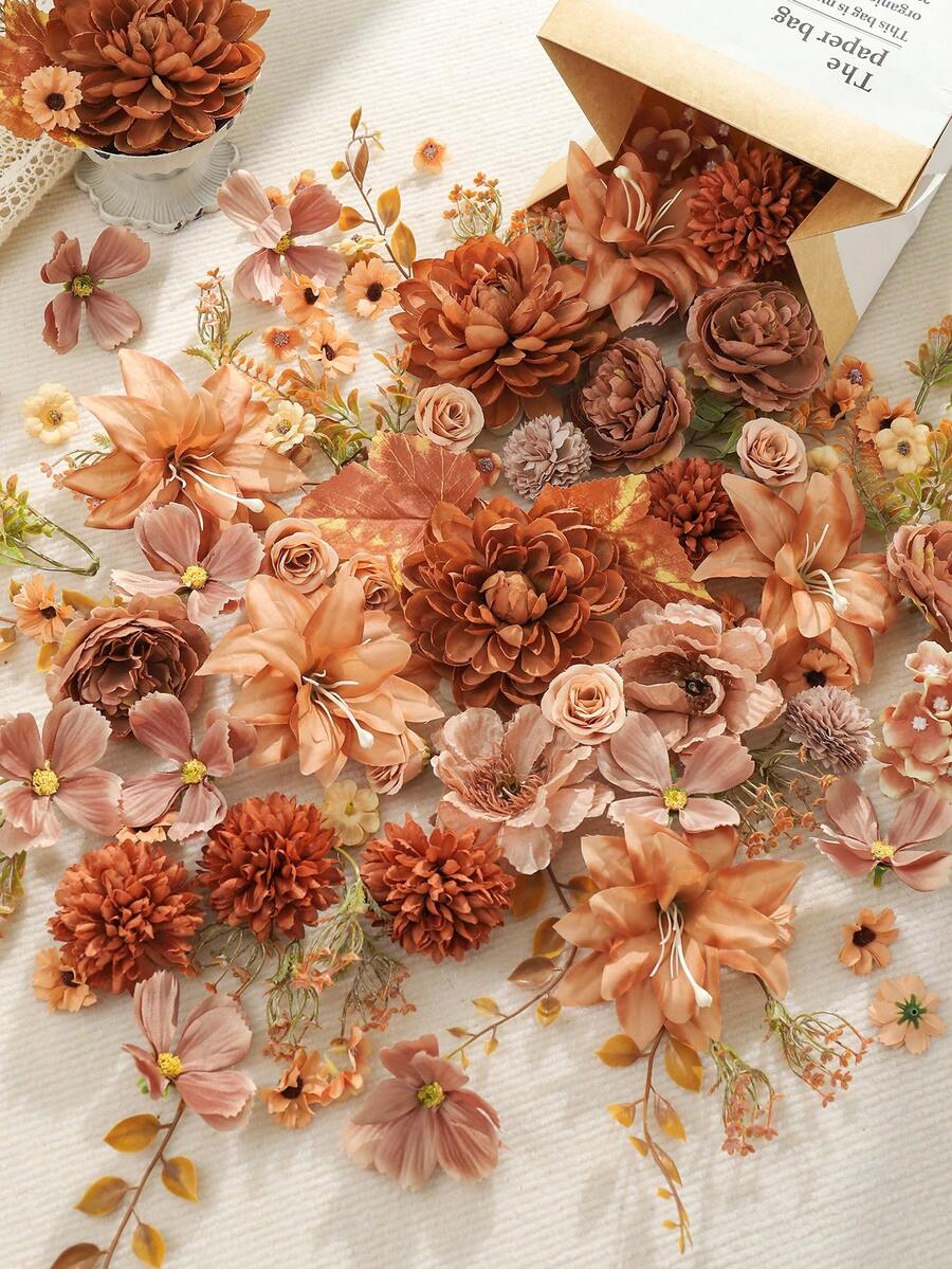 20/50/100pcs 0.98in-4.3in Artificial Autumn Mixed Color Flower Heads, Halloween Party Decoration, Includes Dahlia And Green Leaves, Suitable For Wedding Floral Arrangement, Home Decor, DIY Bouquet, Theme Party, Holiday Decoration, All Seasons - Combination a - View 1