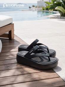 luofu Women's Thick Sole Anti-Slip Soft Elastic Flip Flops Fashion Minimalist Height-Increasing Sandals Summer Beach Slippers EVA Non-Slip Sandals - Black - View 4
