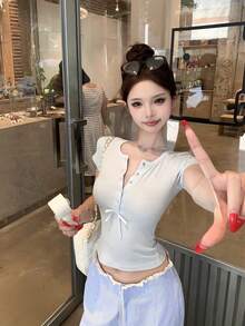 性感修身V領蝴蝶結清新短袖T恤夏季女上衣 - 藍色 - 查看 9