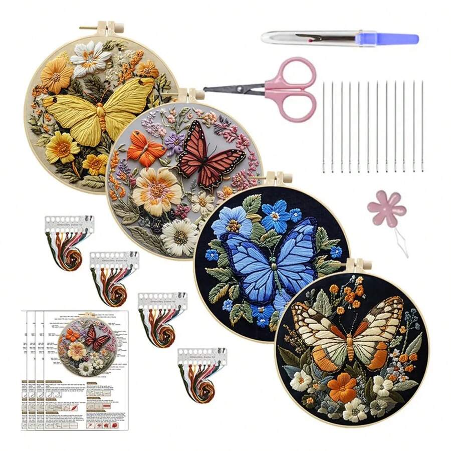 Kit de bordado de mariposas DIY de 4 piezas para adultos, set de manualidades creativas y relajantes – decoración bohemia para el hogar, regalo original para mujeres. - por defecto - Ver 1
