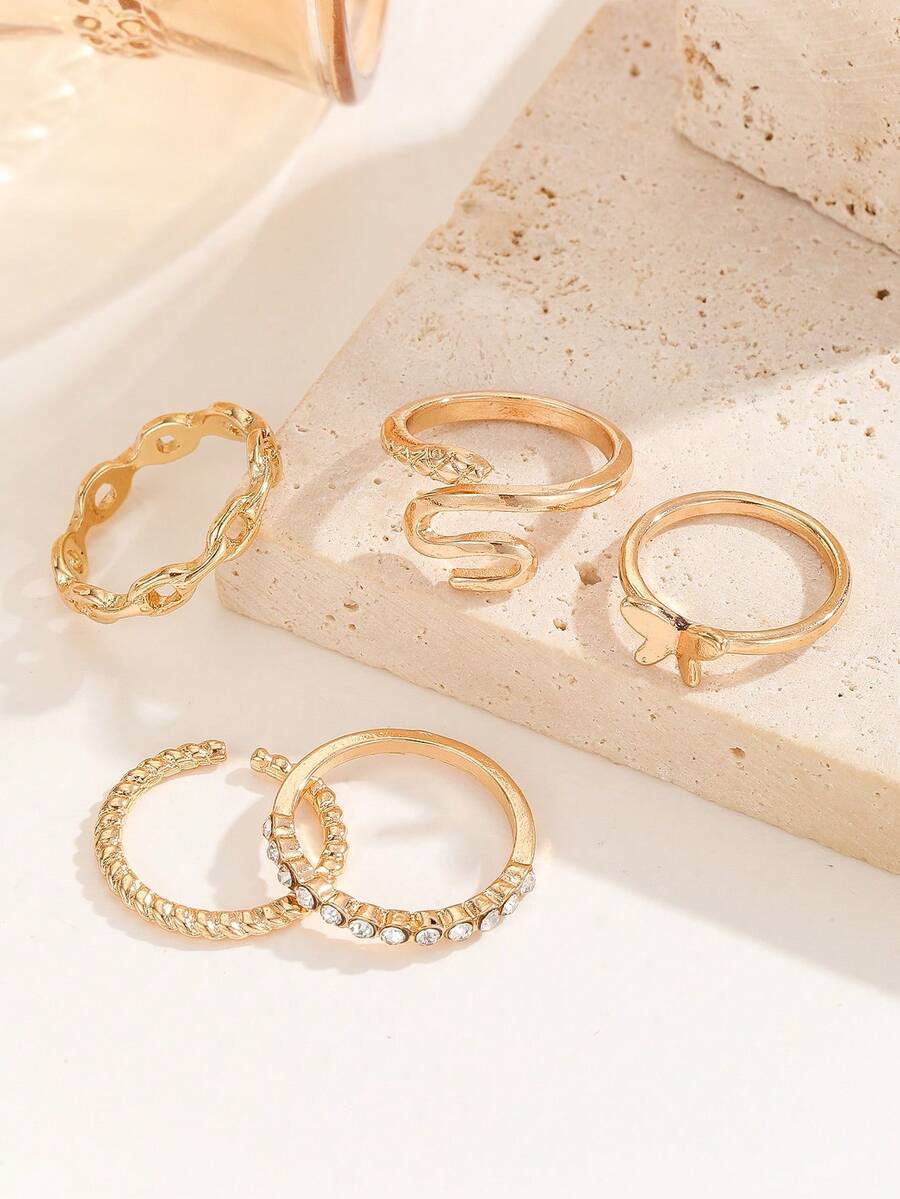 5pcs Set Personalized Butterfly Rhinestone Snake-Shaped Jewelry Set, Women's Fashion Jewelry, Suitable For Daily And Party Wear - Yellow Gold - View 1
