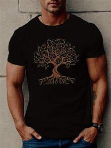Breathable Summer Graphic Tee - Men's Tree Of Life Casual Short Sleeve T-Shirt, Polyester - 黑色 - 查看 1