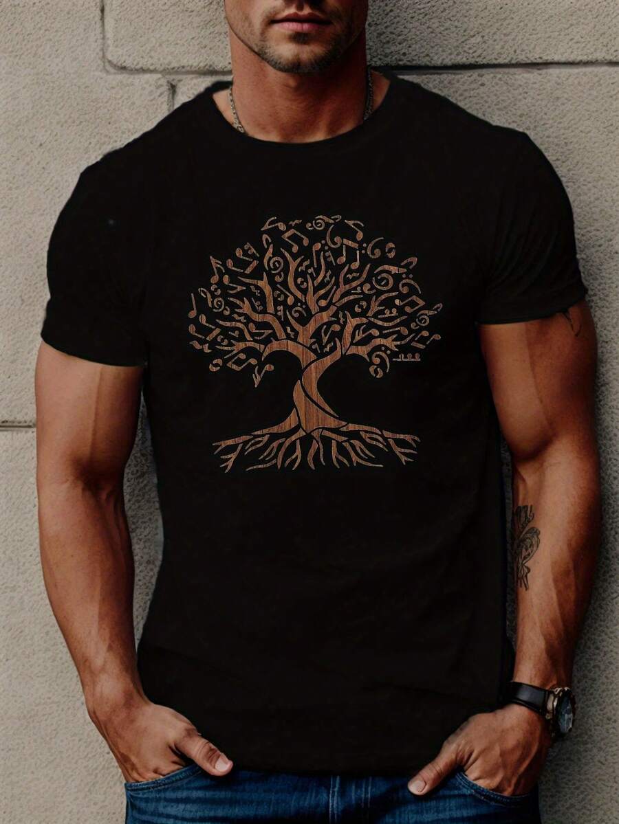 Breathable Summer Graphic Tee - Men's Tree Of Life Casual Short Sleeve T-Shirt, Polyester - 黑色 - 查看 1