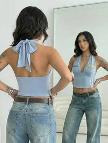 Women's Casual Argentine Mesh V-Neck Fitted Cropped Camisole Top, Suitable For Street Style In Spring And Summer, Women's World Cup Summer Clothing - Baby Blue - View 6