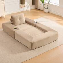 Folding Corduroy Sofa With High-Density Foam And Spring Core For Stable Seating, Side Pocket And Cup Holder, Armrest With Zip, Vacuum Packed, Easy Assembly, For Apartment And Living Room. - 卡其色 - 查看 2